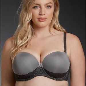 Torrid NWT 38C Push Up Strapless Microfiber & Lace Bra Grey/Black